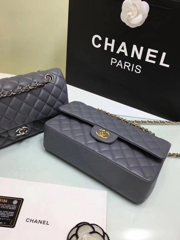 Ch**el classic flap bag grey caviar leather sliver&gold chain 25cm