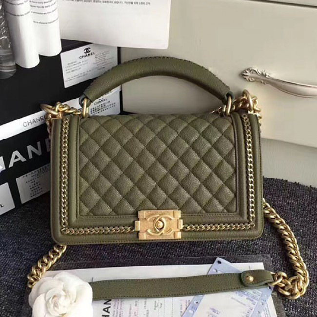 Ch**el quilted caviar boy bag with top handle green