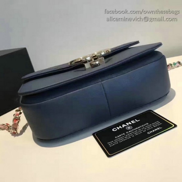 Ch**el grained calfskin flap bag with top handle blue
