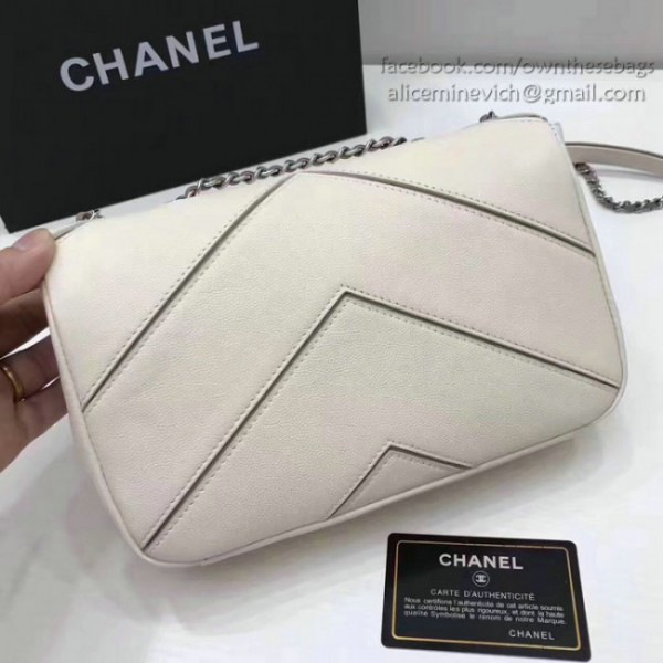 Ch**el calfskin chevron flap bag white