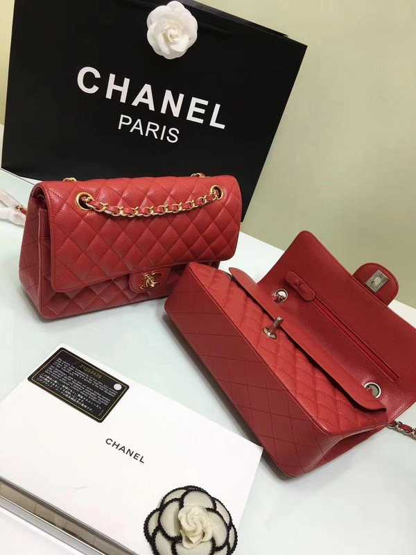 Ch**el classic flap bag red caviar leather sliver&gold chain 25cm