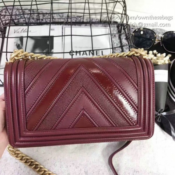 Ch**el chevron quilted medium boy bag burgundy