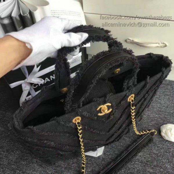 Ch**el canvas patchwork chevron large shopping bag black