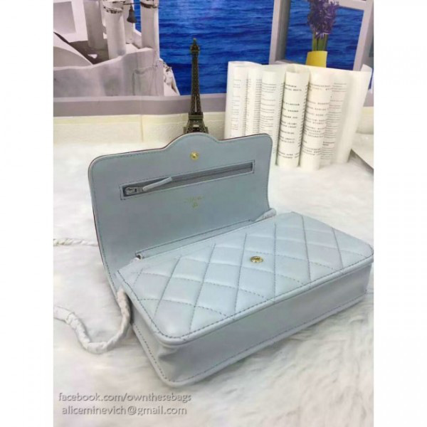 Ch**el lambskin mini chain wallet light blue a81023 vs07210 19.5 x 12 x 3.5 cm