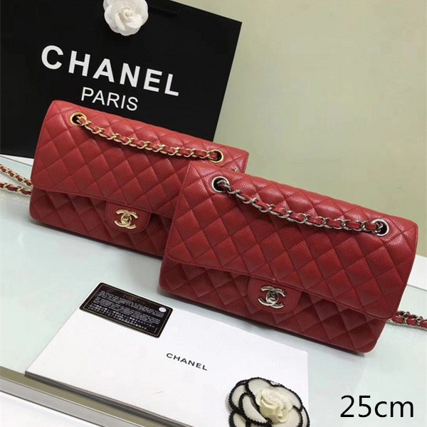 Ch**el classic flap bag red caviar leather sliver&gold chain 25cm