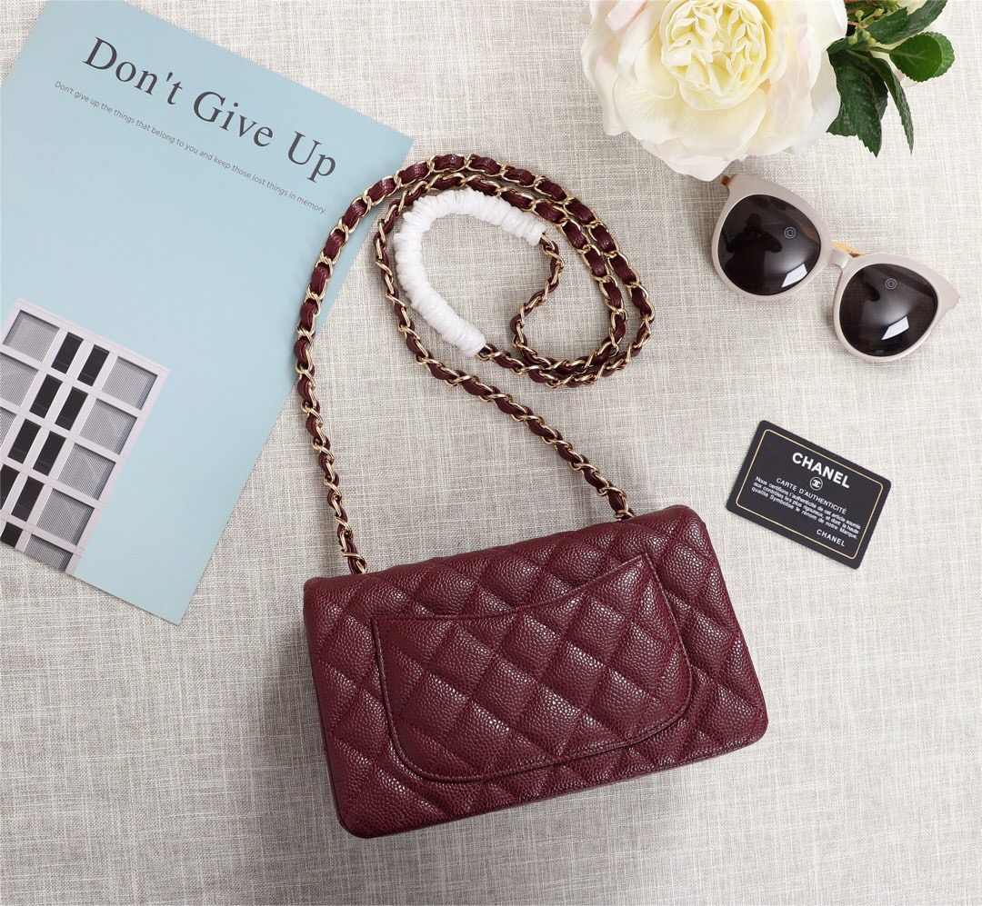 Ch**el flap bag caviar lambskin leather red gold chain 20cm