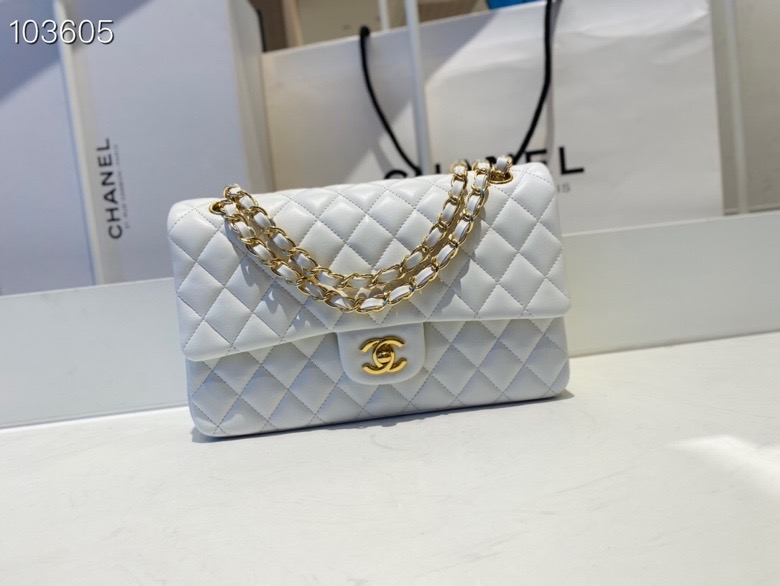 Ch**el flap bag white & golden chain a01112 25cm