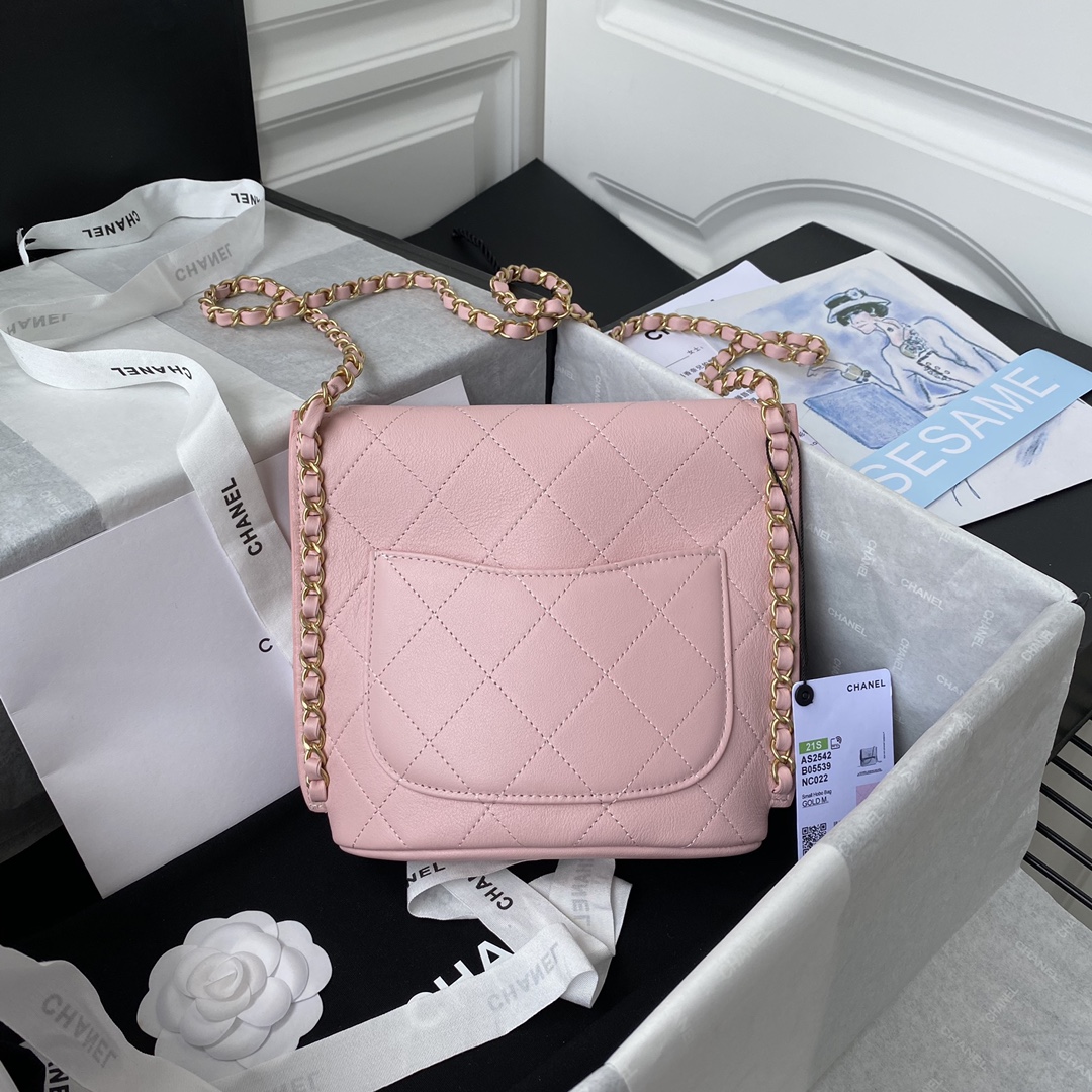 Ch**el small hobo bag calfskin & gold-tone metal pink as2542 19 x 23 x 7 cm