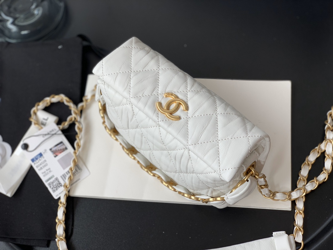 Ch**el small hobo bag crumpled lambskin & gold-tone metal white as2479 13 x 19 x 7 cm