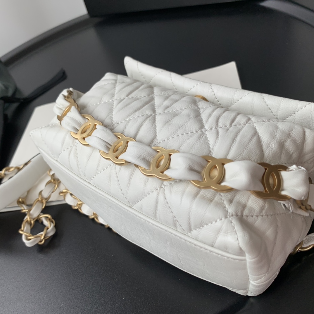Ch**el small hobo bag crumpled lambskin & gold-tone metal white as2479 13 x 19 x 7 cm