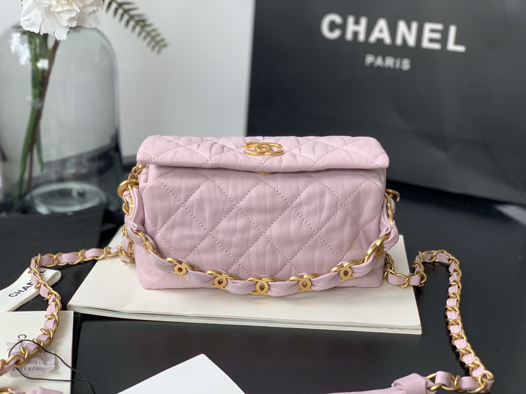 Ch**el small hobo bag crumpled lambskin & gold-tone metal pink as2479 13 x 19 x 7 cm