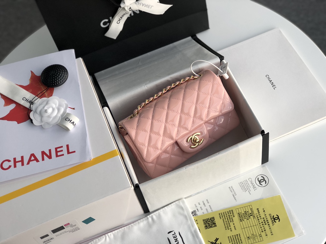 Ch**el cf mini patent calfskin & golden metal pink rose bag 20cm