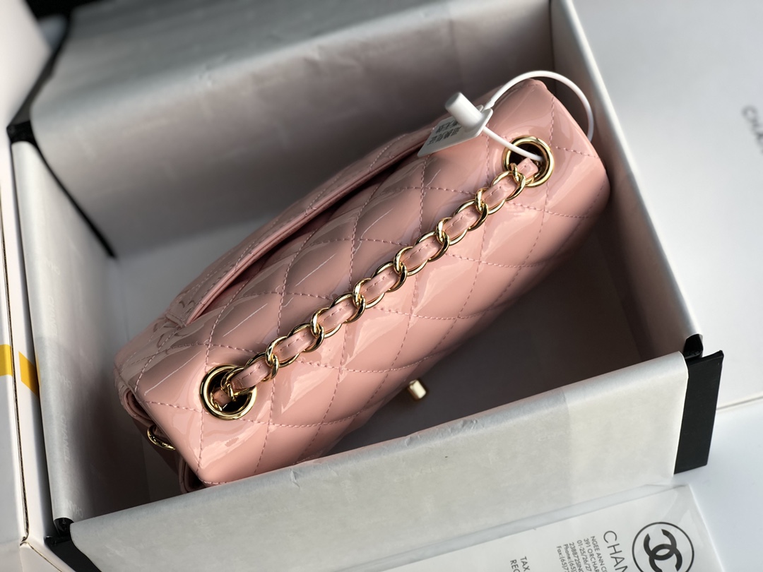 Ch**el cf mini patent calfskin & golden metal pink rose bag 20cm