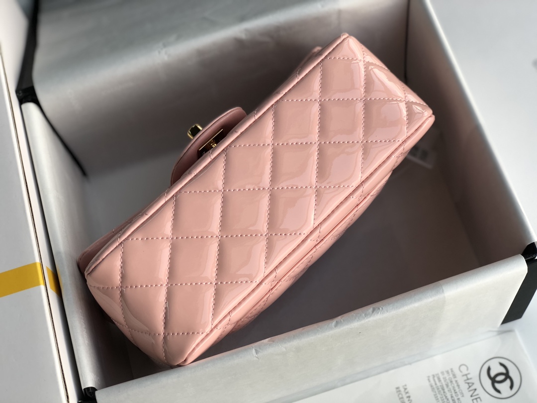 Ch**el cf mini patent calfskin & golden metal pink rose bag 20cm