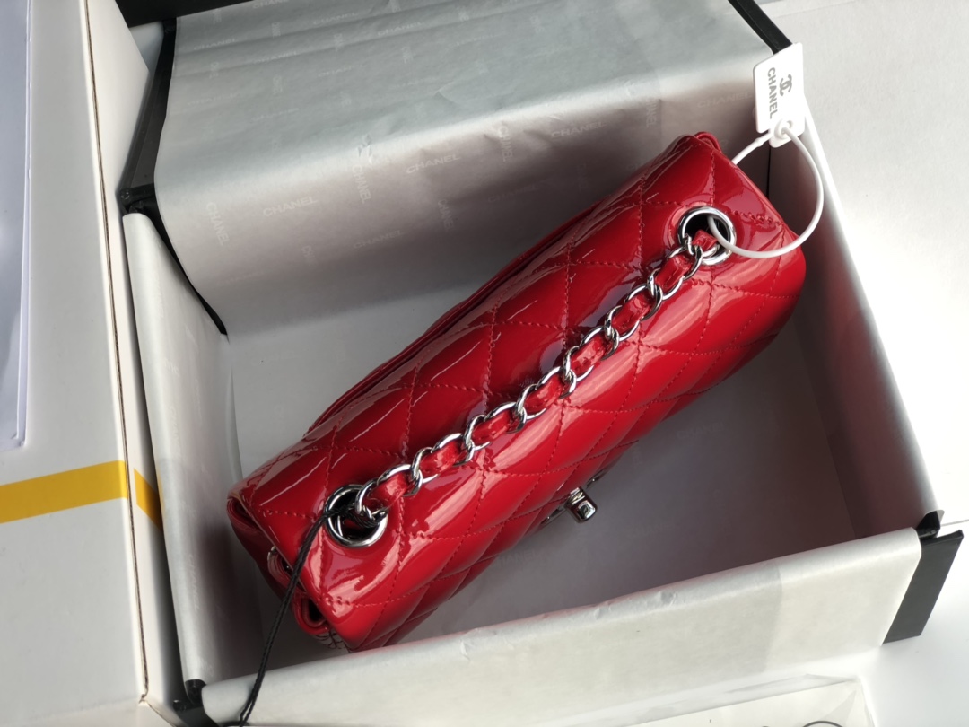 Ch**el cf mini patent calfskin & silver metal red bag 20cm
