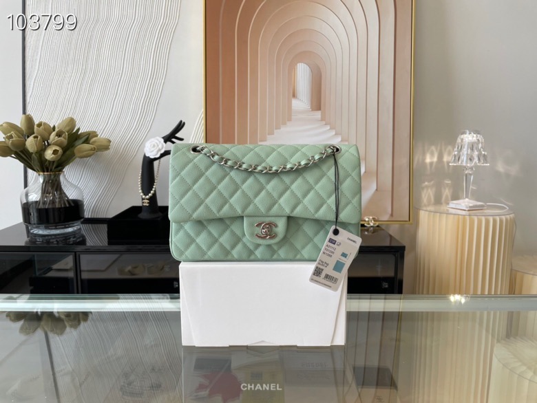 Ch**el classic handbag grained calfskin & silver-tone metal seafoam a01112 15.5 × 25.5 × 6.5 cm