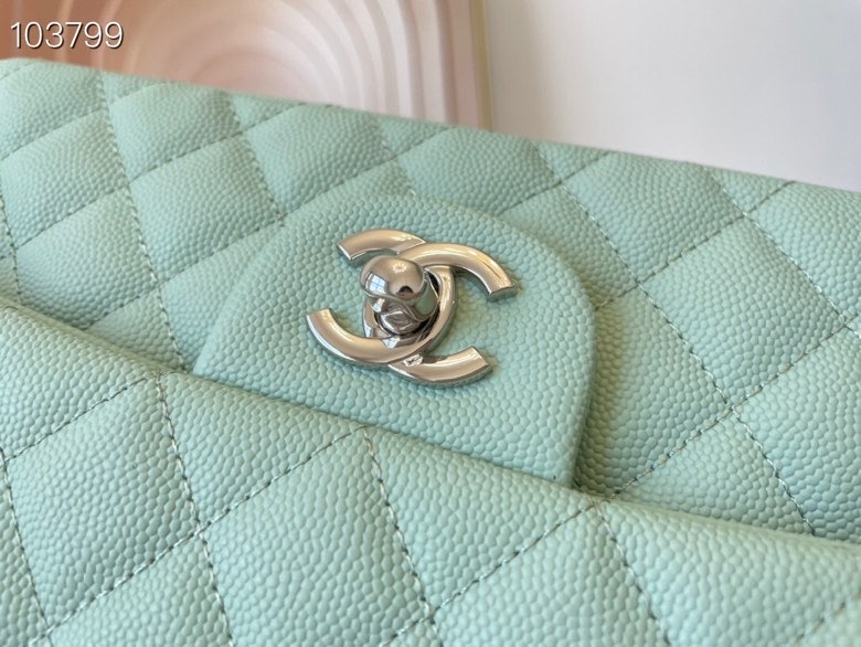 Ch**el classic handbag grained calfskin & silver-tone metal seafoam a01112 15.5 × 25.5 × 6.5 cm