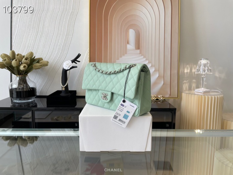 Ch**el classic handbag grained calfskin & silver-tone metal seafoam a01112 15.5 × 25.5 × 6.5 cm