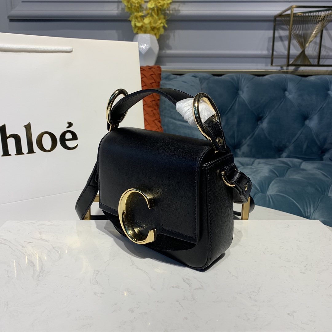 CHLOE MINI C BAG In Shiny & Suede Calfskin Black CHC19US193 16.5 x 5 x 14 cm