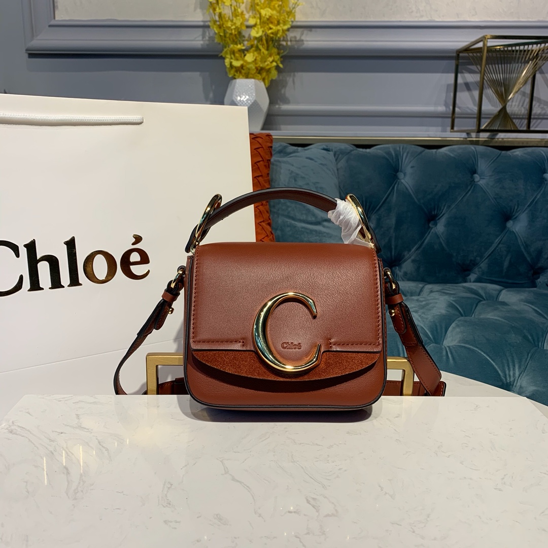 CHLOE MINI C BAG In Shiny & Suede Calfskin Arizona Brown CHC19US193 16.5 x 5 x 14 cm