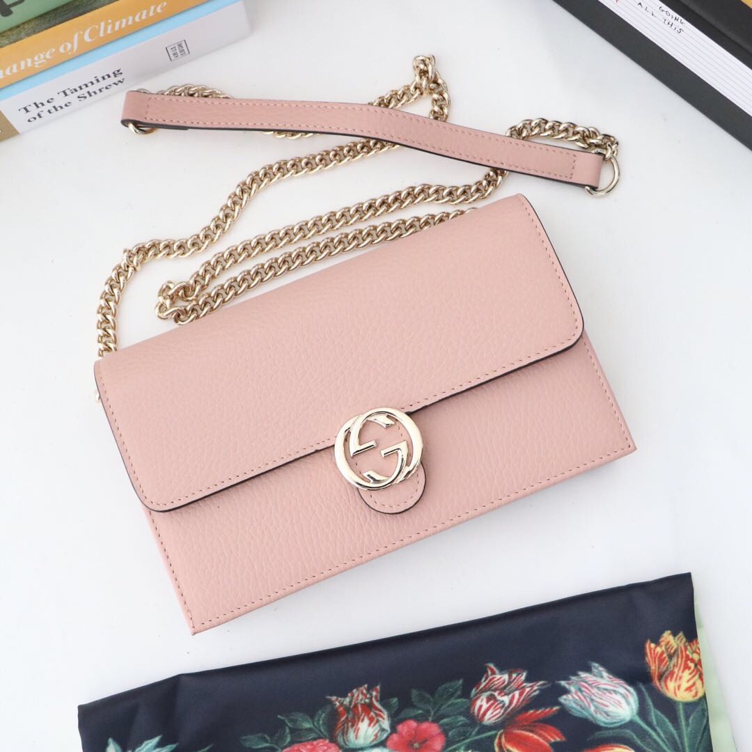 Gvc*1 interlocking wallet on chain rose pink leather 510314 19.5 x 12 x 3.5 cm