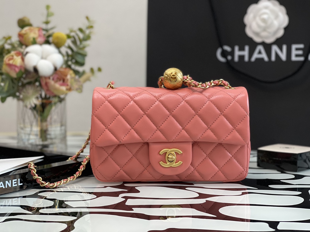 Ch**el charm strap flap bag lambskin pink as1787 17 x 20 cm