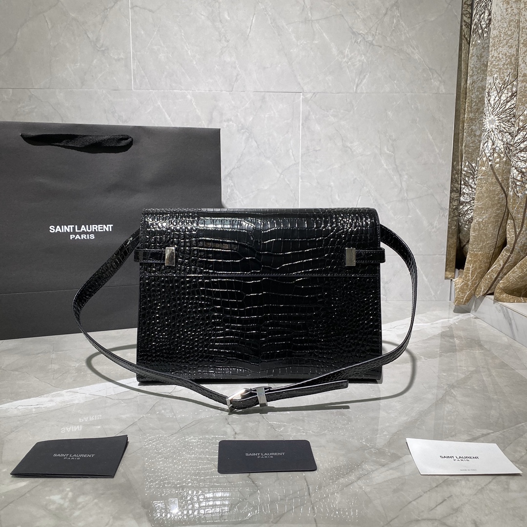 Y51 manhattan shoulder bag in crocodile-embossed shiny leather silver metal black 579271 29 x 20.5 x 7 cm