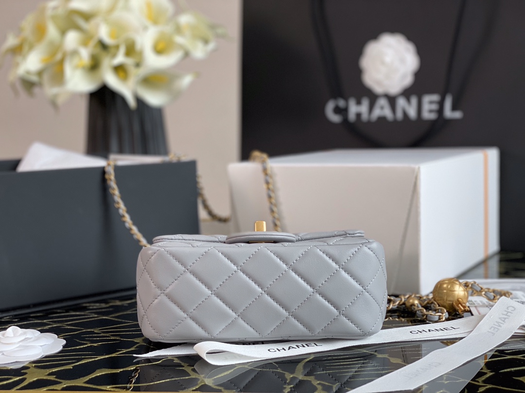 Ch**el small charm strap flap bag lambskin grey as1786 13 x 18 x 7 cm