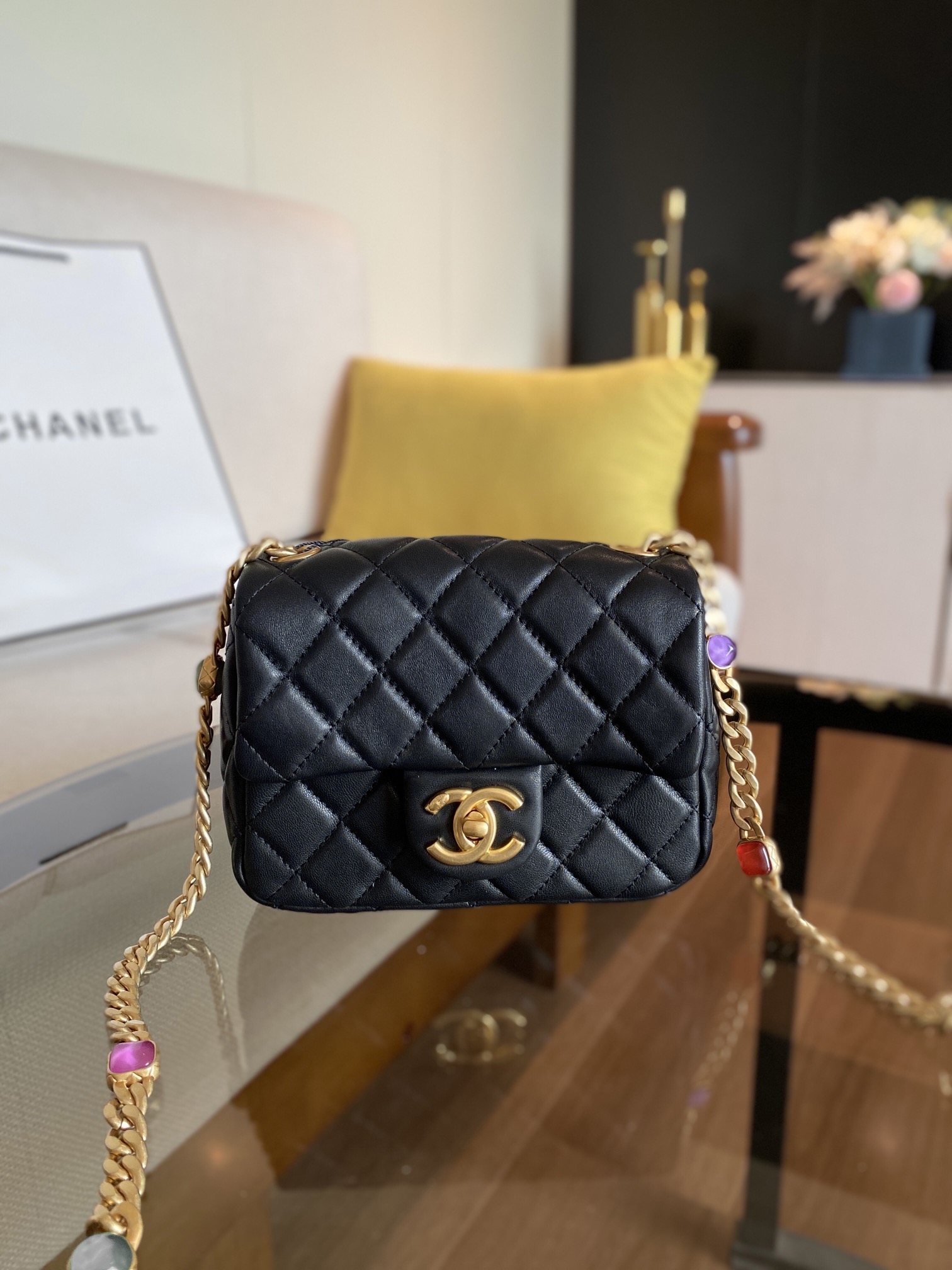 Ch**el mini square resin bag stones chain lambskin black as2379 13 x 17 x 7 cm