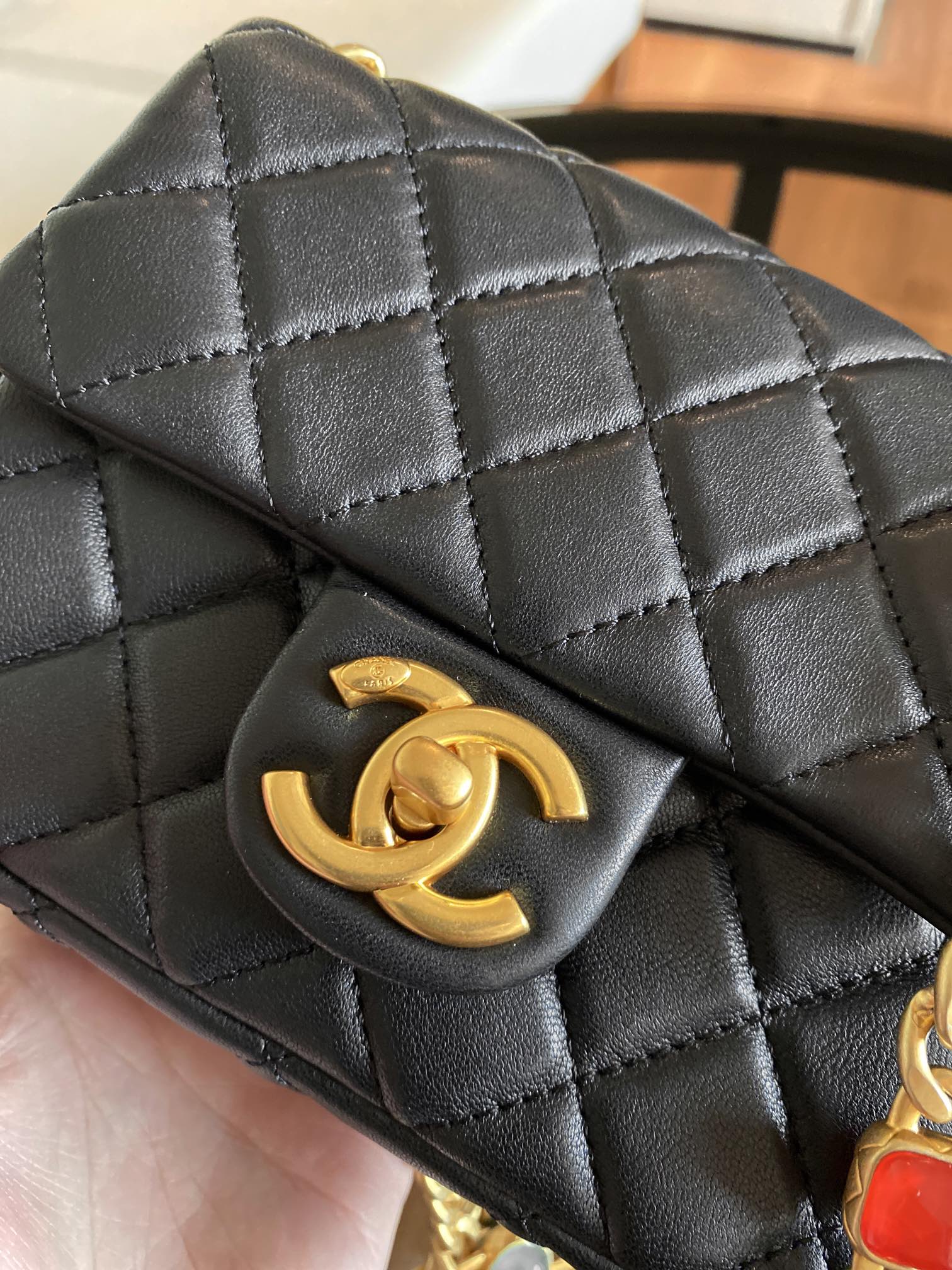 Ch**el mini square resin bag stones chain lambskin black as2379 13 x 17 x 7 cm