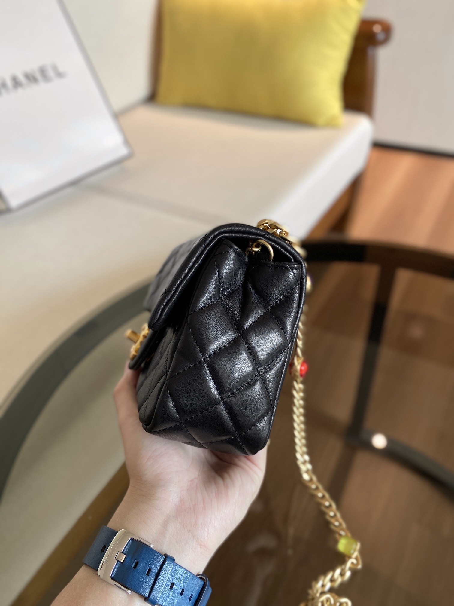 Ch**el mini square resin bag stones chain lambskin black as2379 13 x 17 x 7 cm