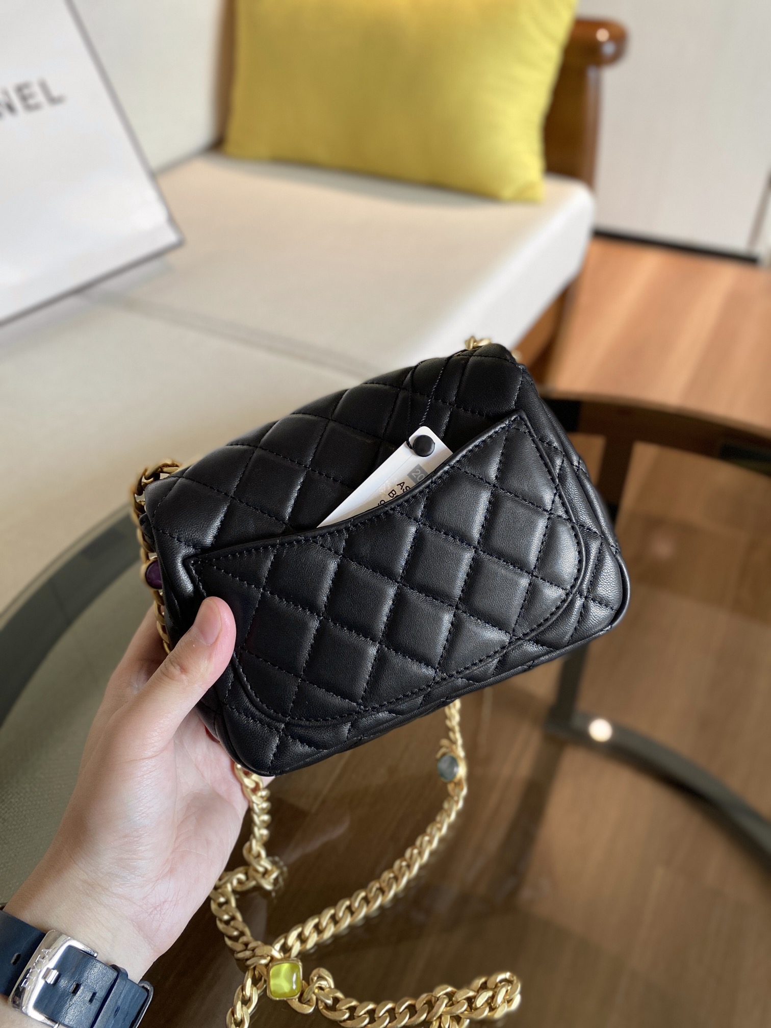 Ch**el mini square resin bag stones chain lambskin black as2379 13 x 17 x 7 cm