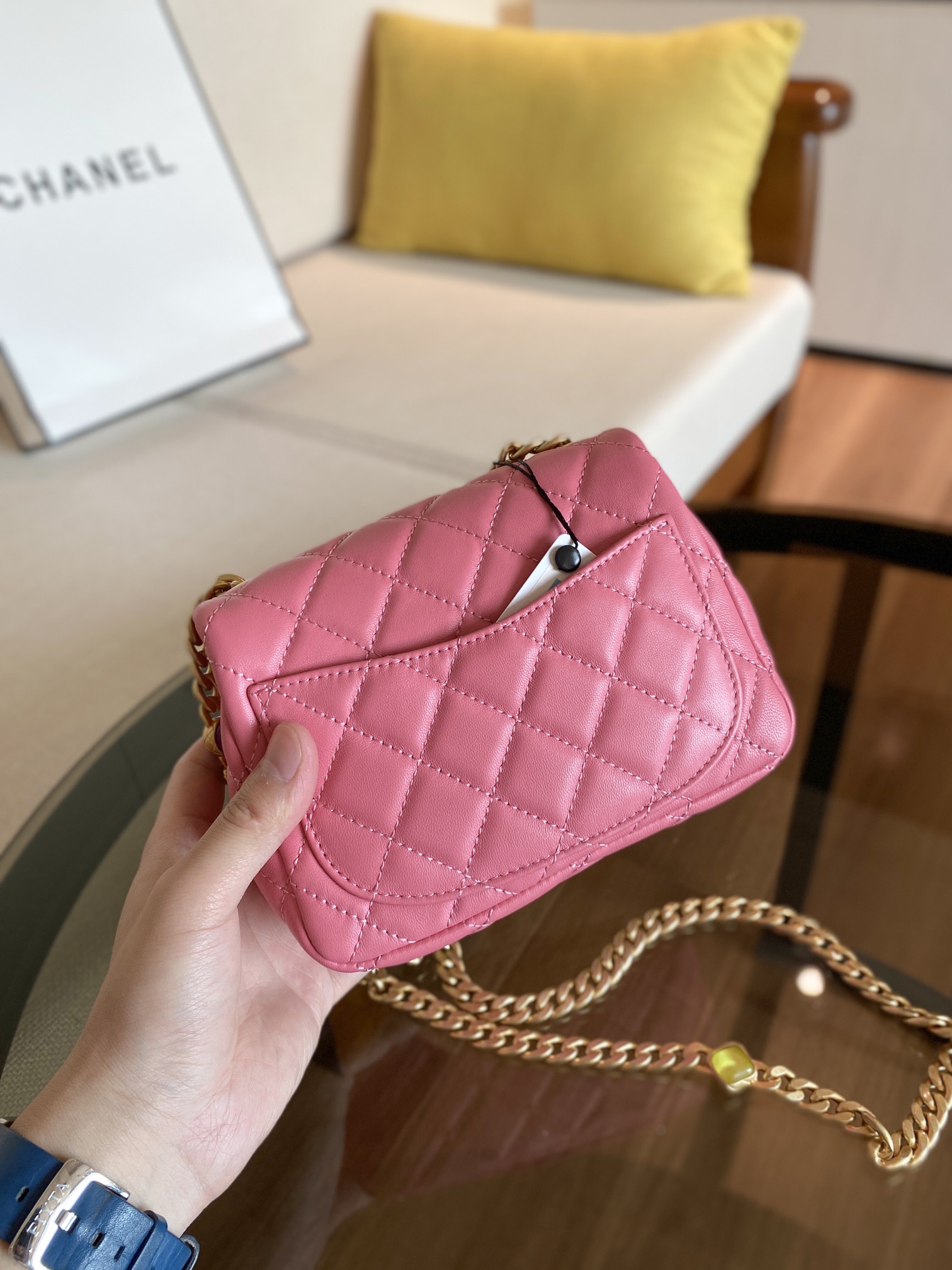 Ch**el mini square resin bag stones chain lambskin pink as2379 13 x 17 x 7 cm