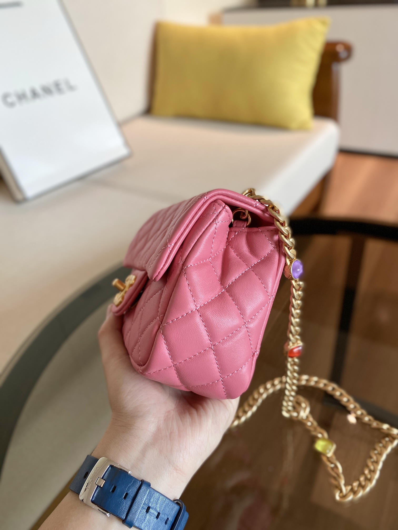 Ch**el mini square resin bag stones chain lambskin pink as2379 13 x 17 x 7 cm