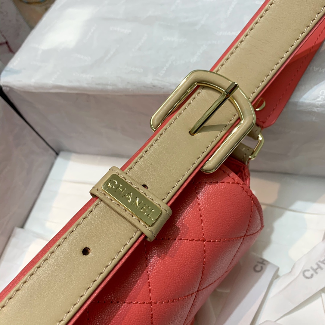 Ch**el calfskin flap bag coral as2273 20cm