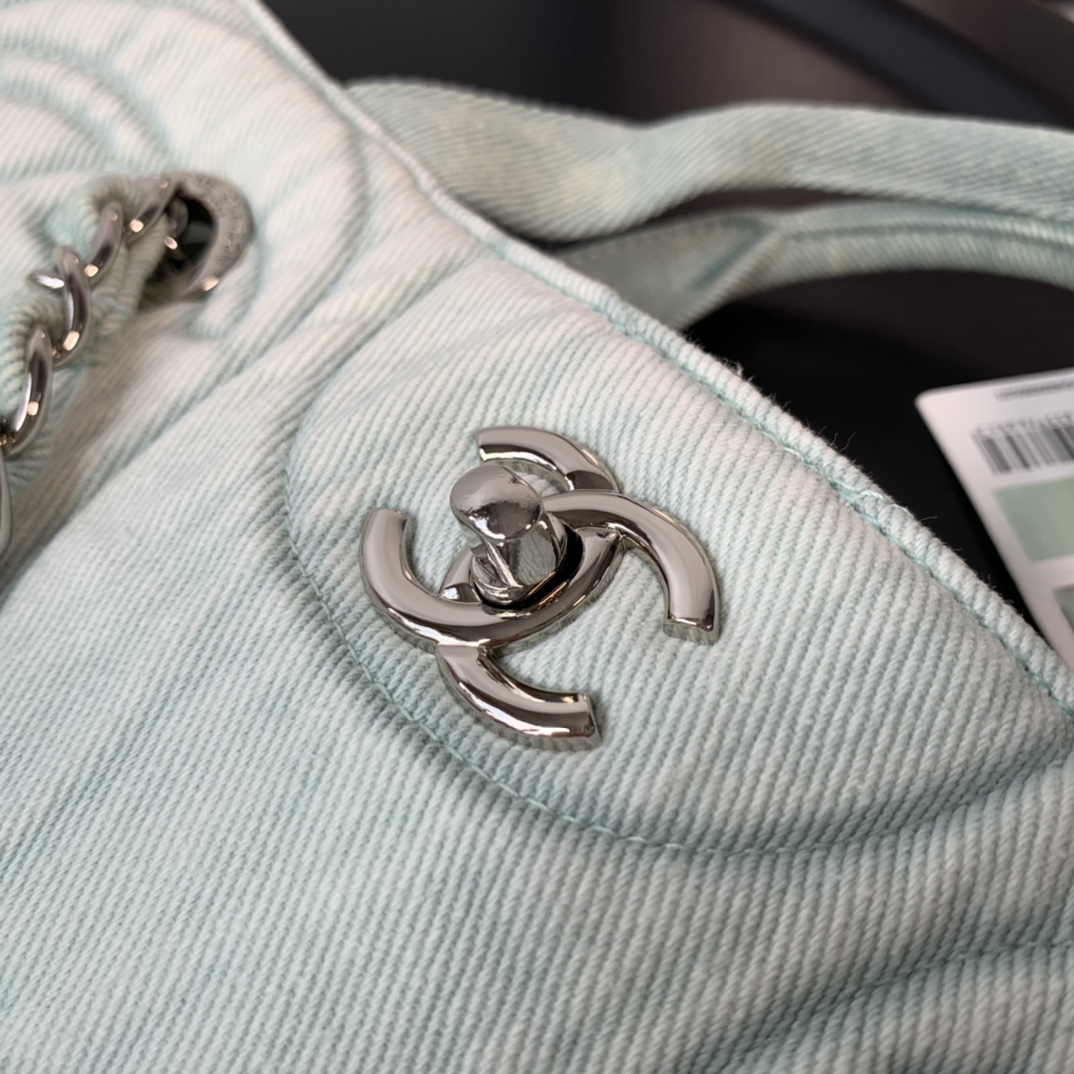 Ch**el washed denim cc wave shopping bag light green 2021 30 cm