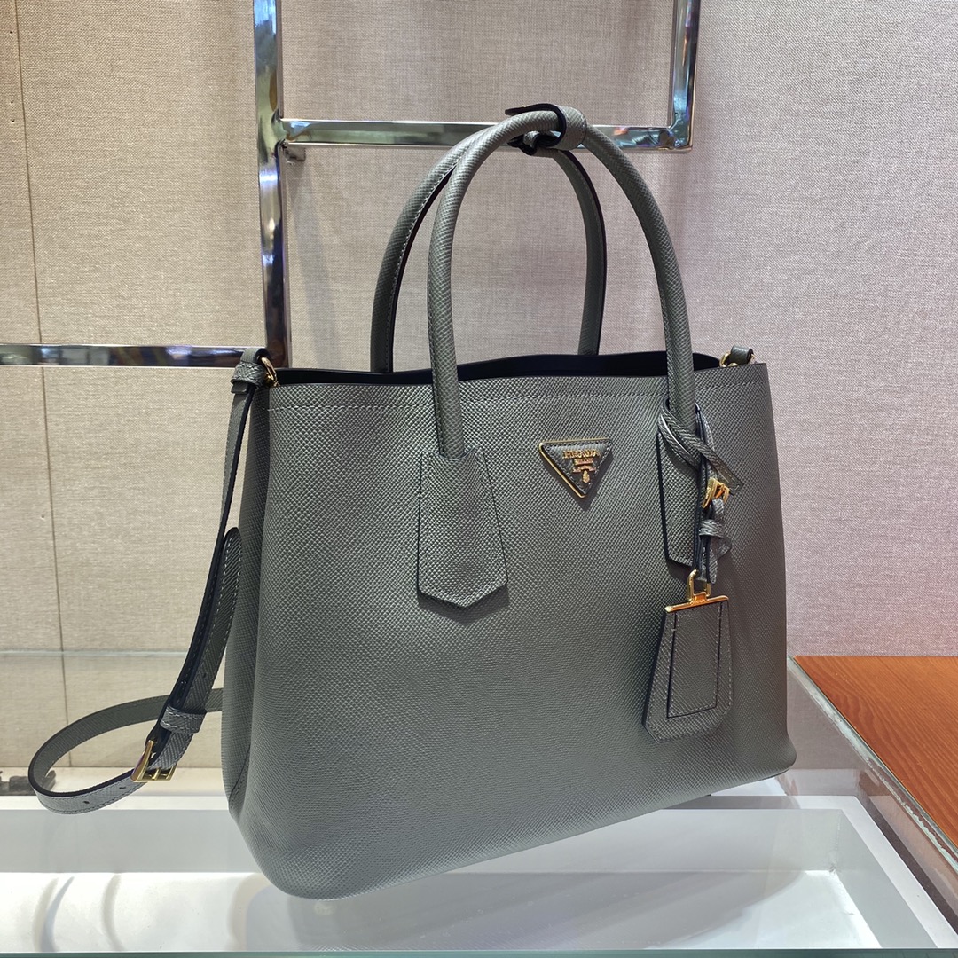 Pra*a medium saffiano leather double Pra*a bag gray 1bg775 33 x 24.5 x 14 cm