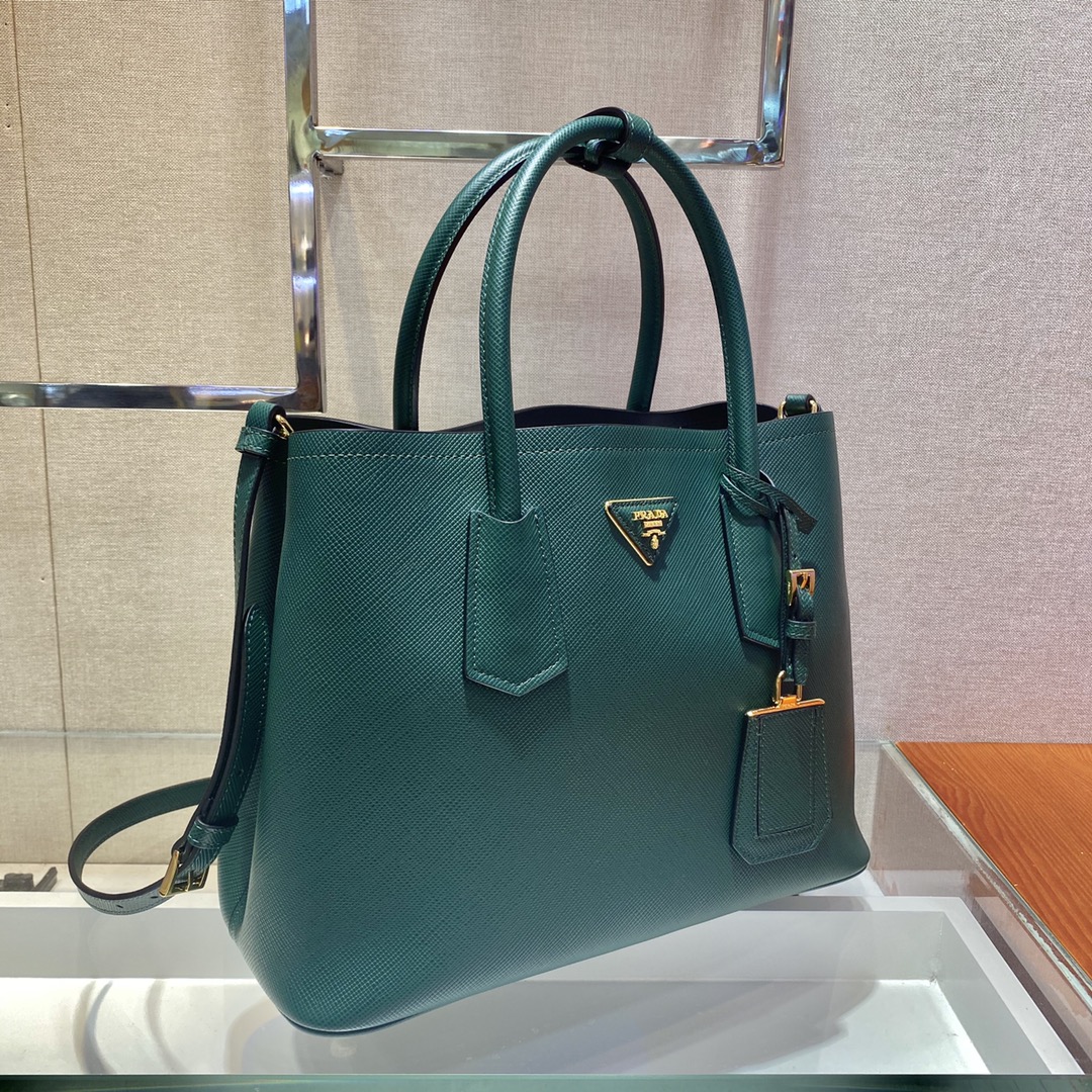 Pra*a medium saffiano leather double Pra*a bag dark green 1bg775 33 x 24.5 x 14 cm