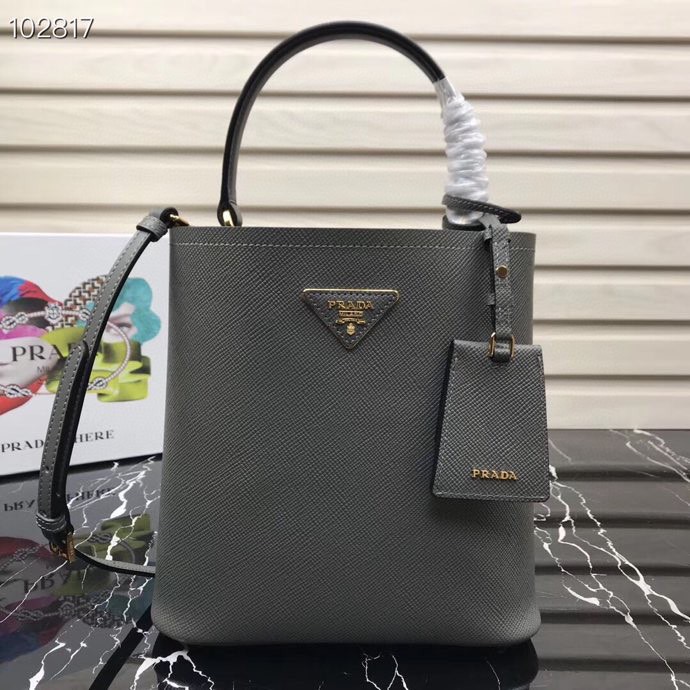 Pra*a medium panier saffiano leather bag grey 1ba212 22 × 23 × 13 cm