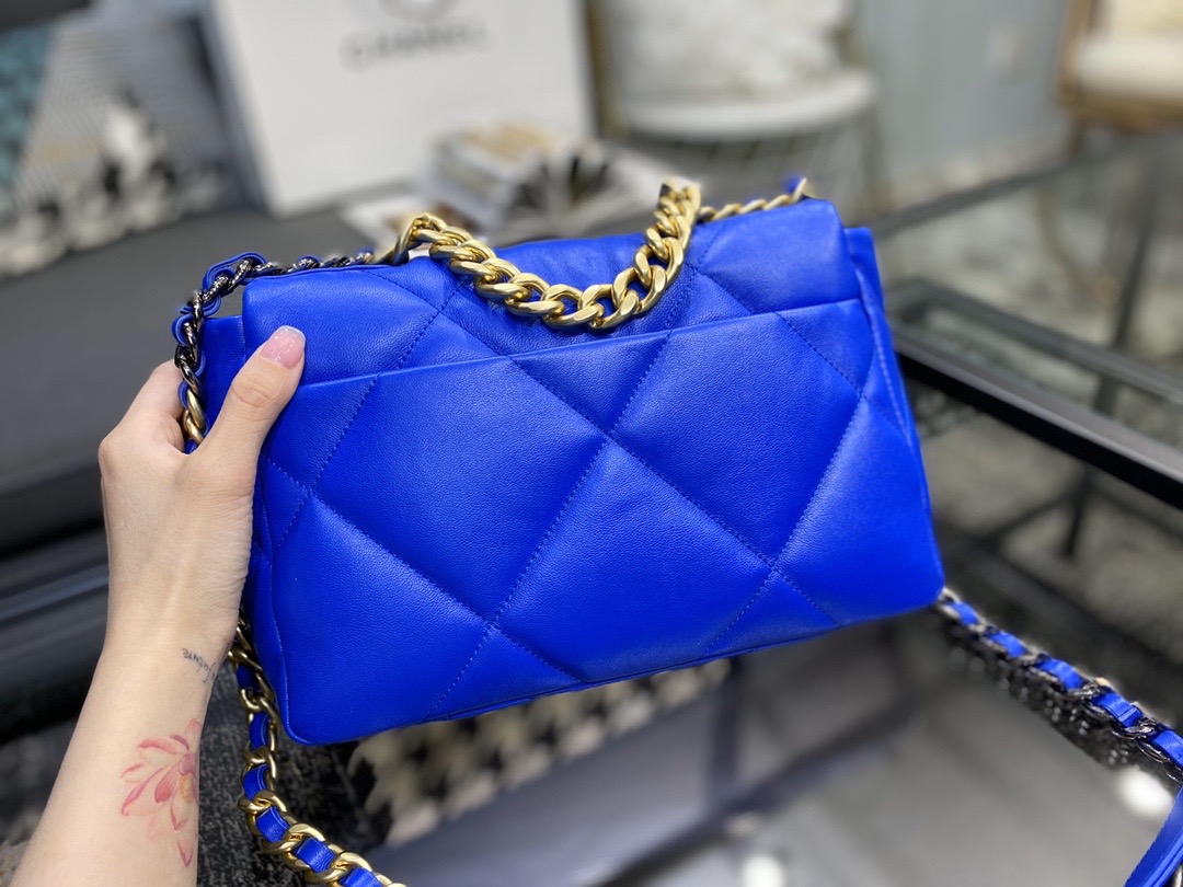 Ch**el 19 handbag lambskin neon blue as1160 26cm