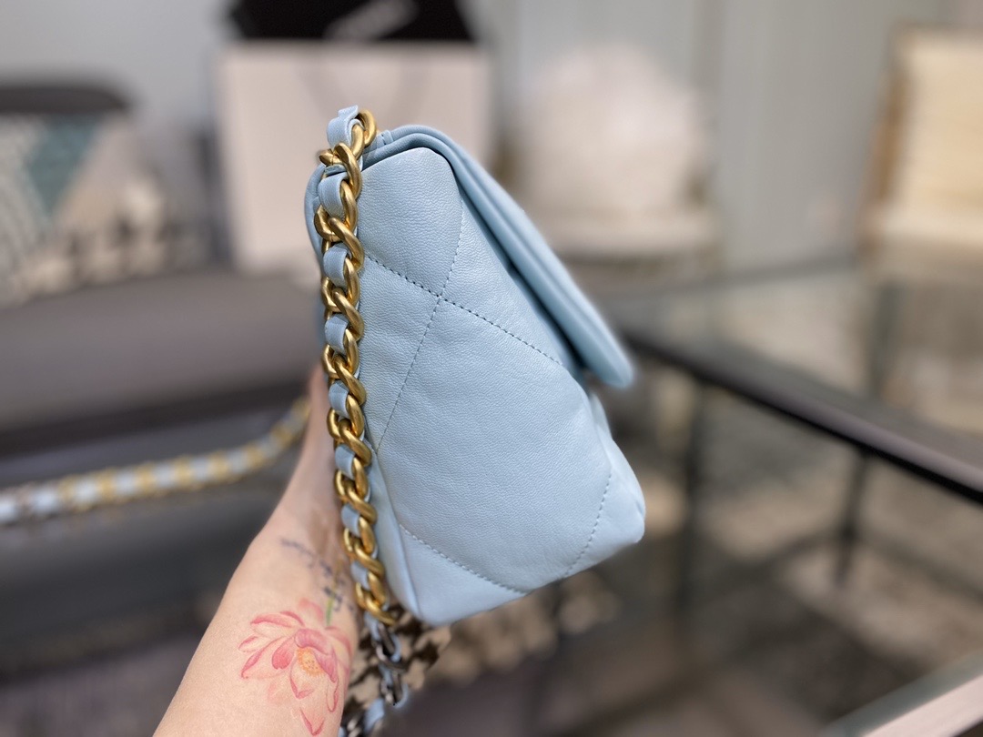 Ch**el 19 handbag lambskin light blue as1160 26cm