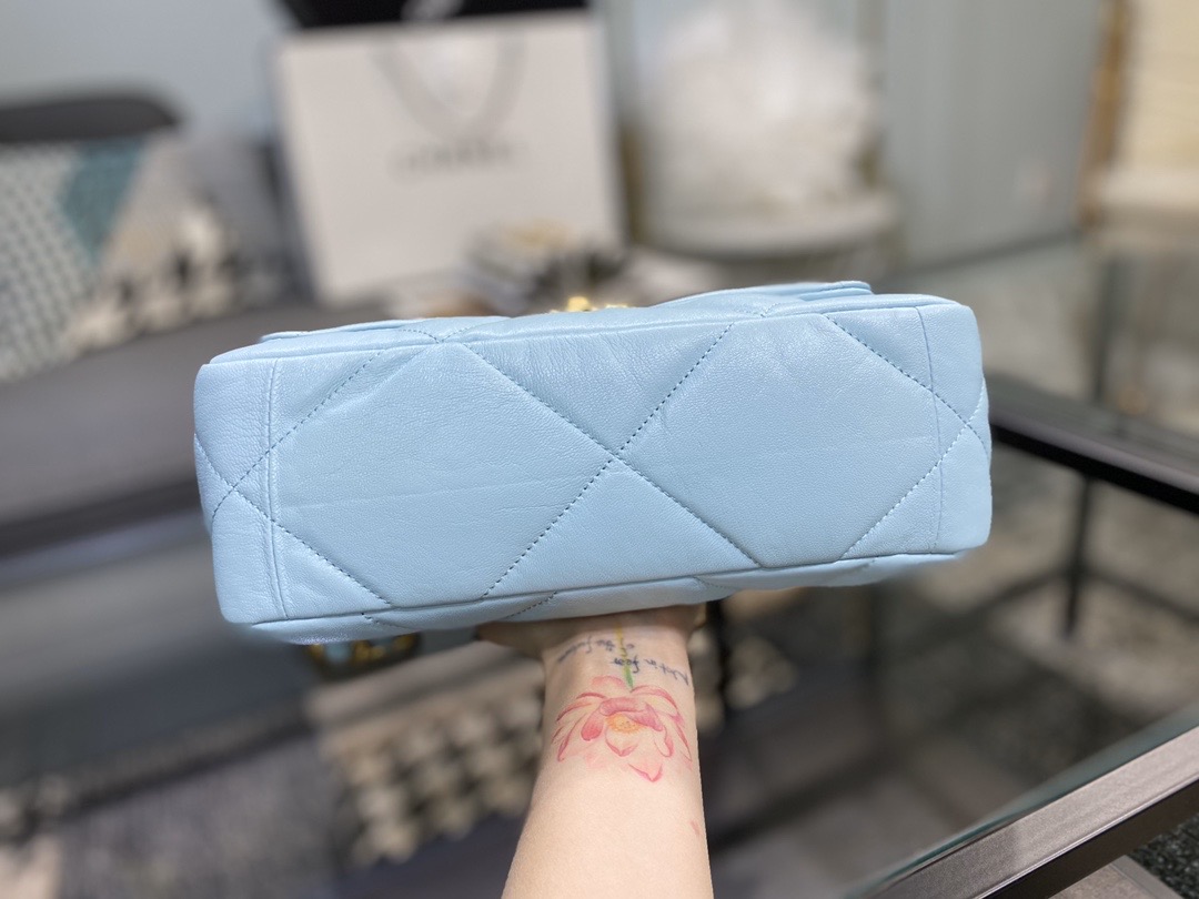 Ch**el 19 handbag lambskin light blue as1160 26cm