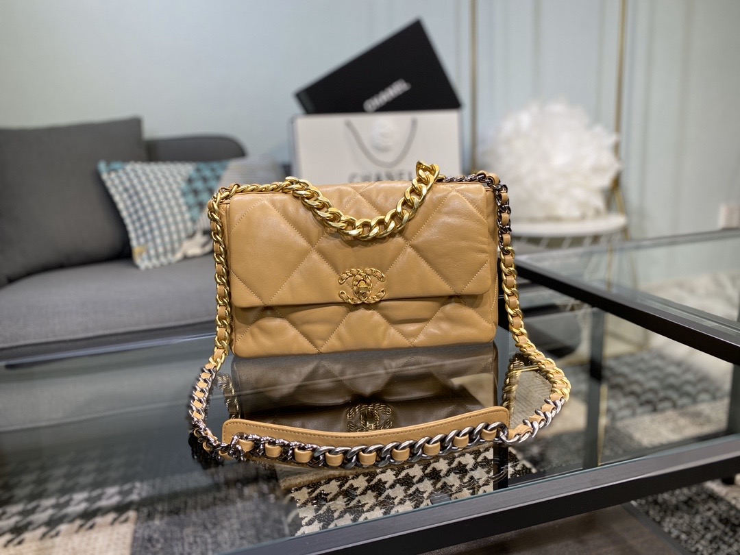 Ch**el large 19 handbag lambskin brown as1161 30cm