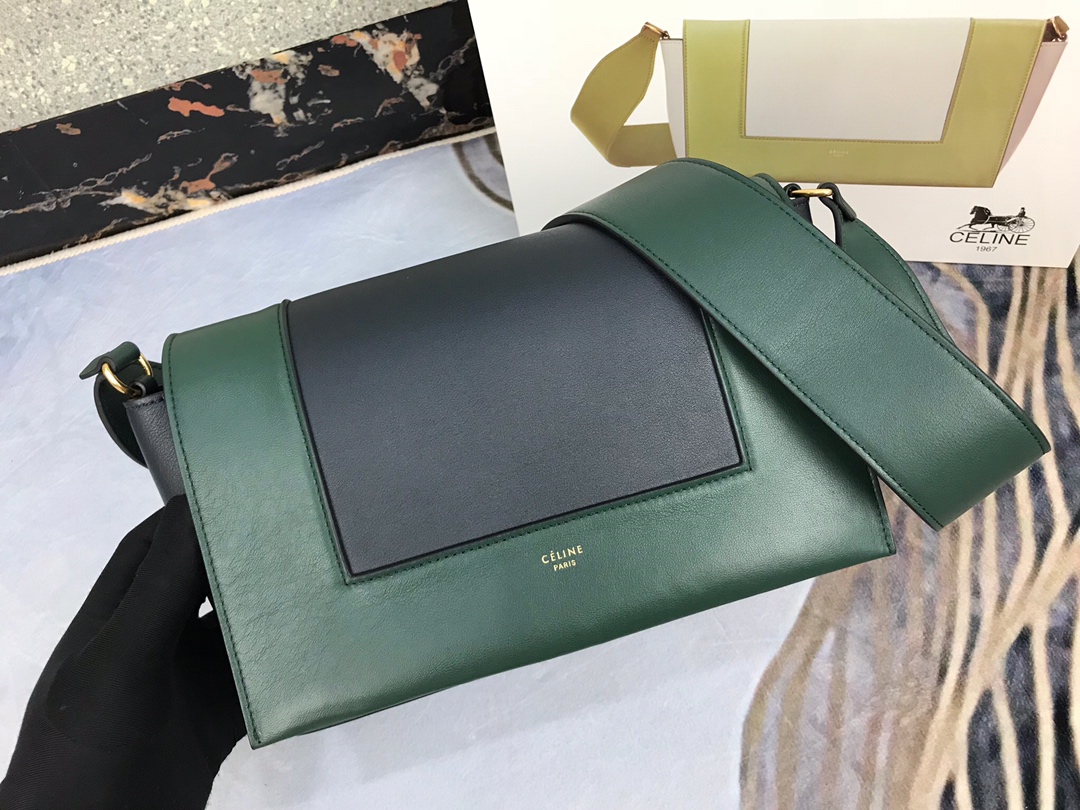 Ce1i*e medium frame bag in shiny smooth calfskin dark green and black 180263 25 x 17 x 8.5 cm