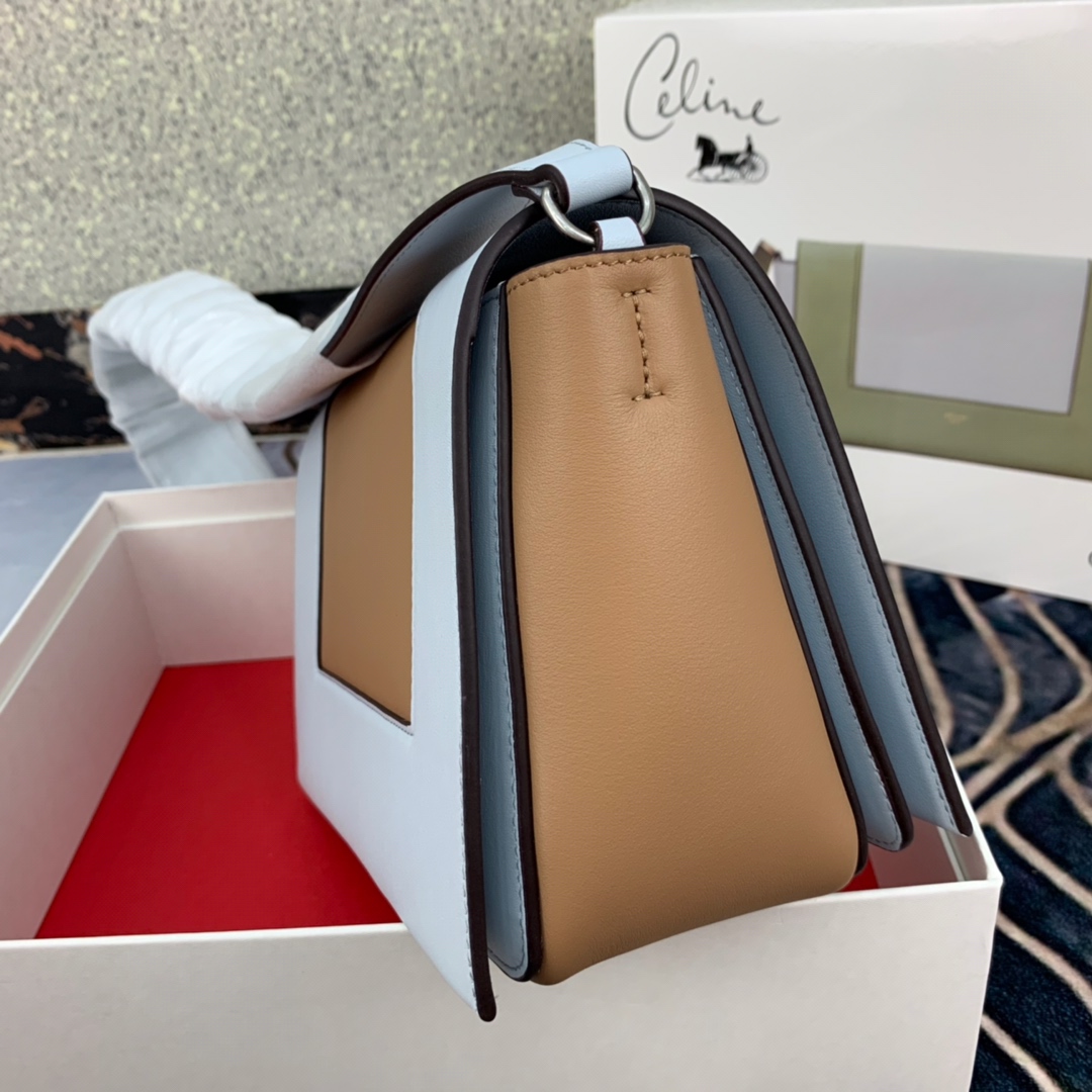 Ce1i*e medium frame bag in shiny smooth calfskin light blue and brown 180263 25 x 17 x 8.5 cm