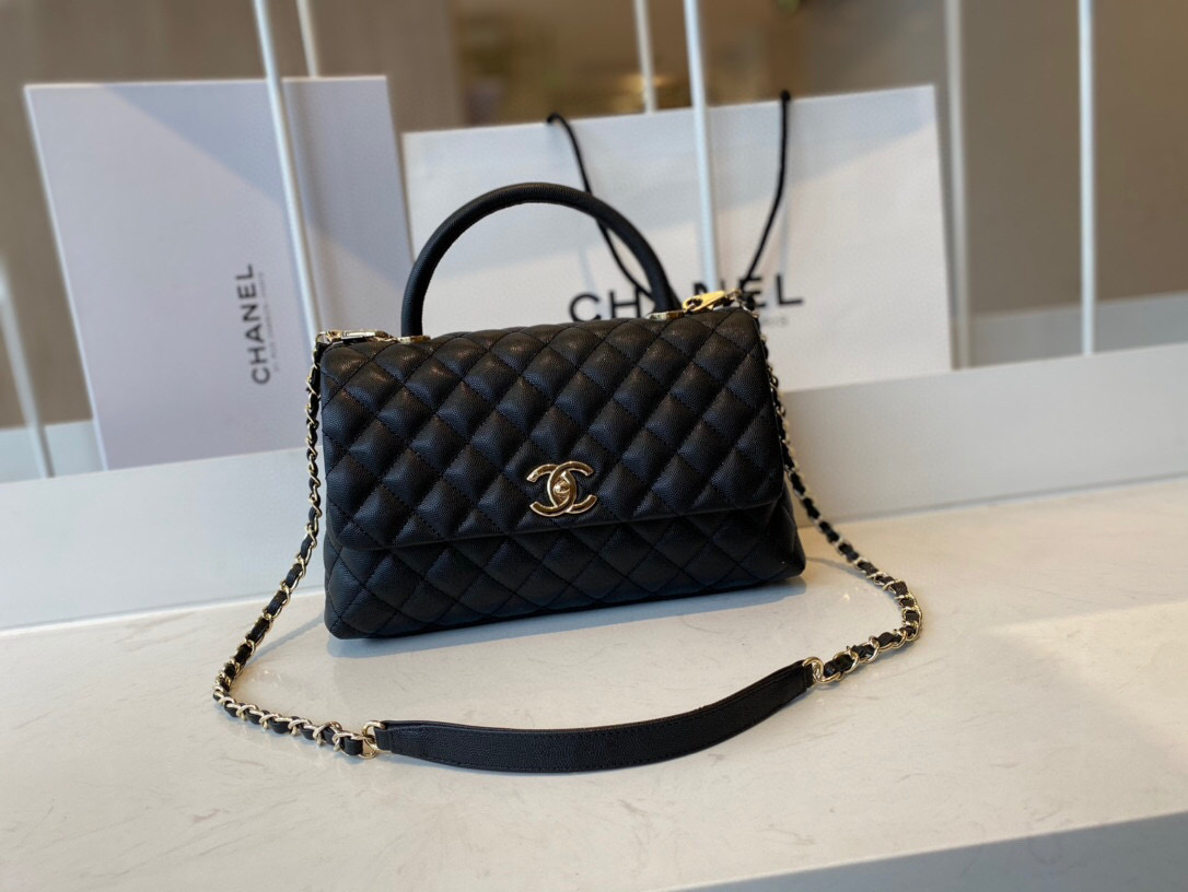 Ch**el small coco handle bag grained leather black a92991 28 cm