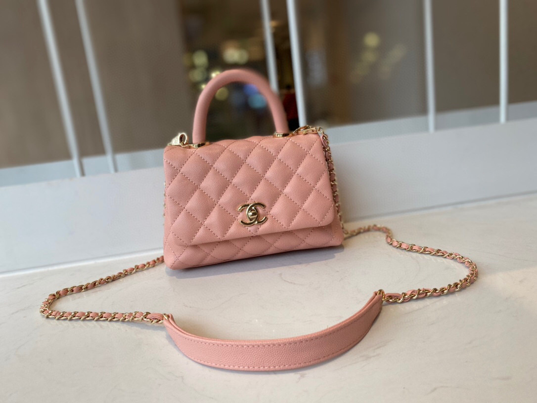 Ch**el extra mini coco handle bag grained leather pink as2215 13 × 19 × 9 cm