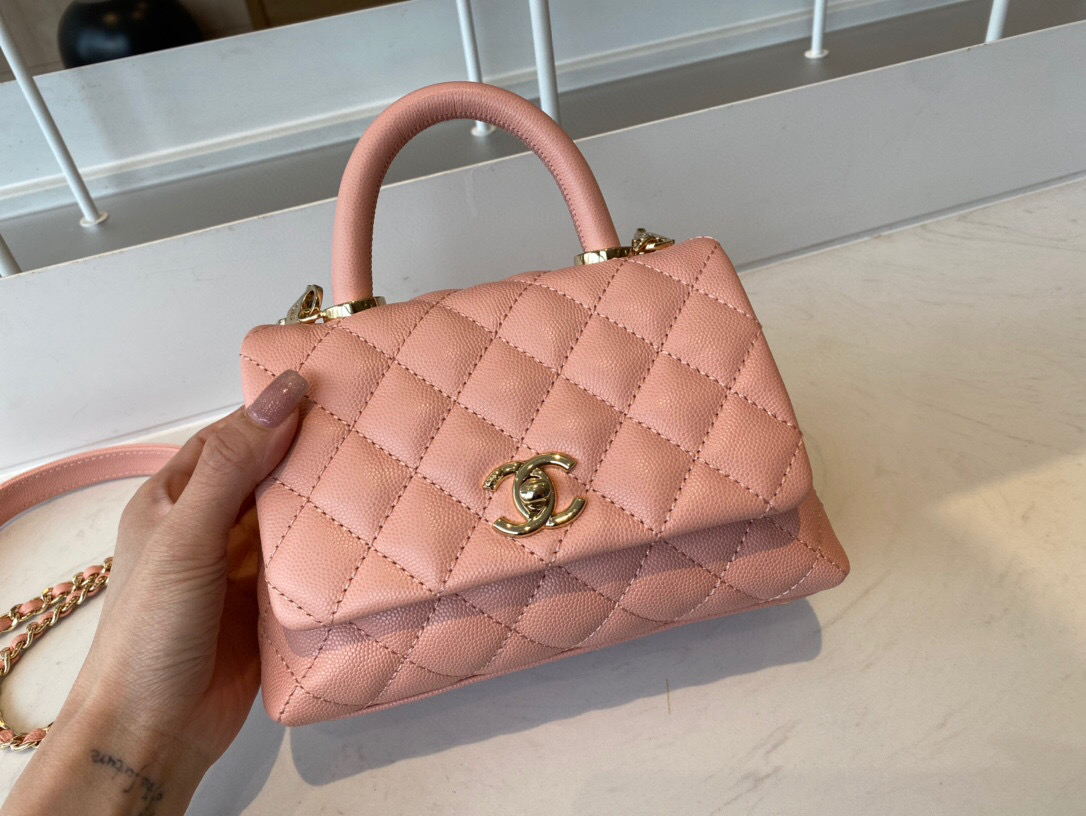 Ch**el extra mini coco handle bag grained leather pink as2215 13 × 19 × 9 cm