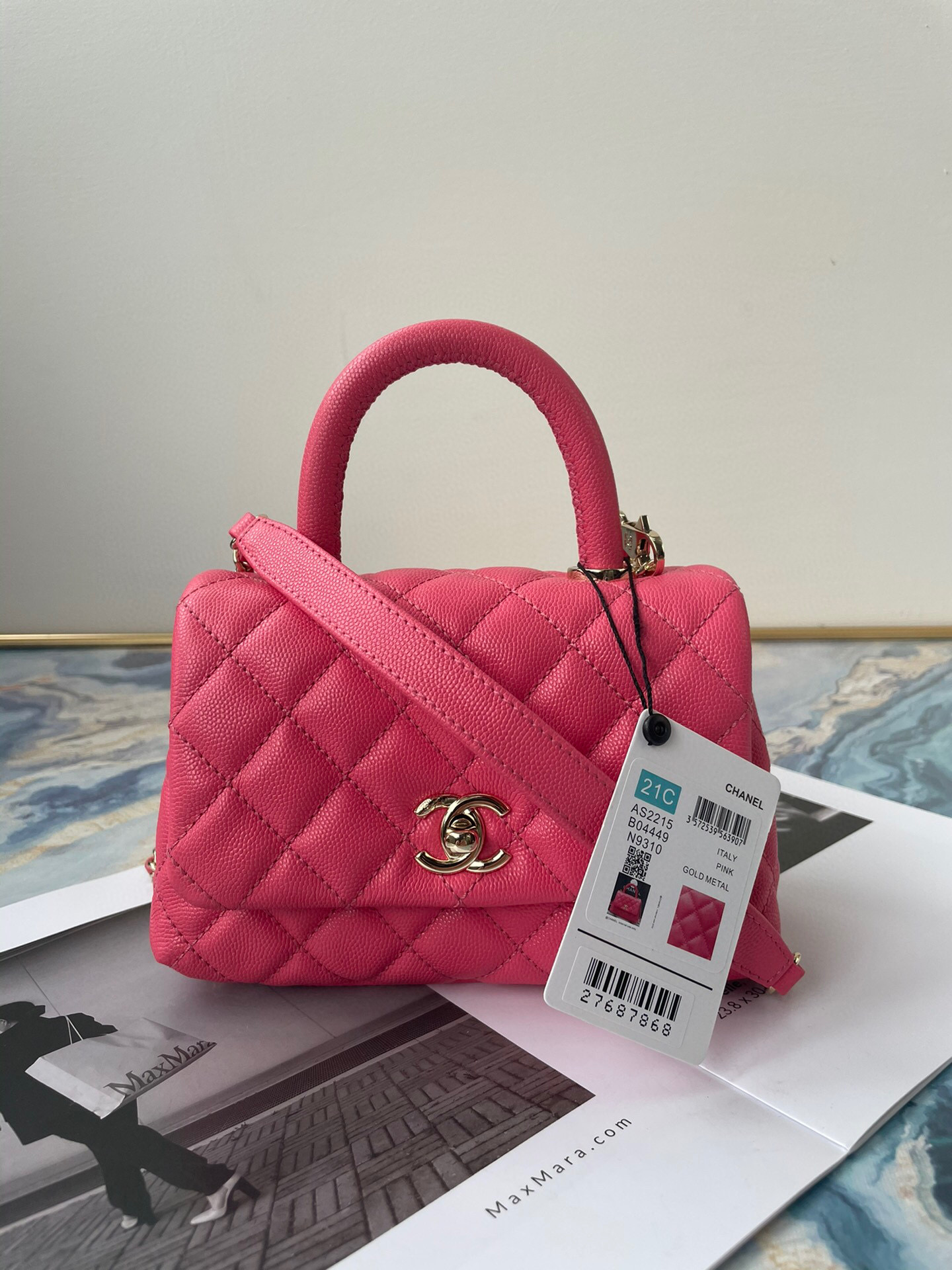 Ch**el extra mini coco handle bag grained leather dark pink as2215 13 × 19 × 9 cm