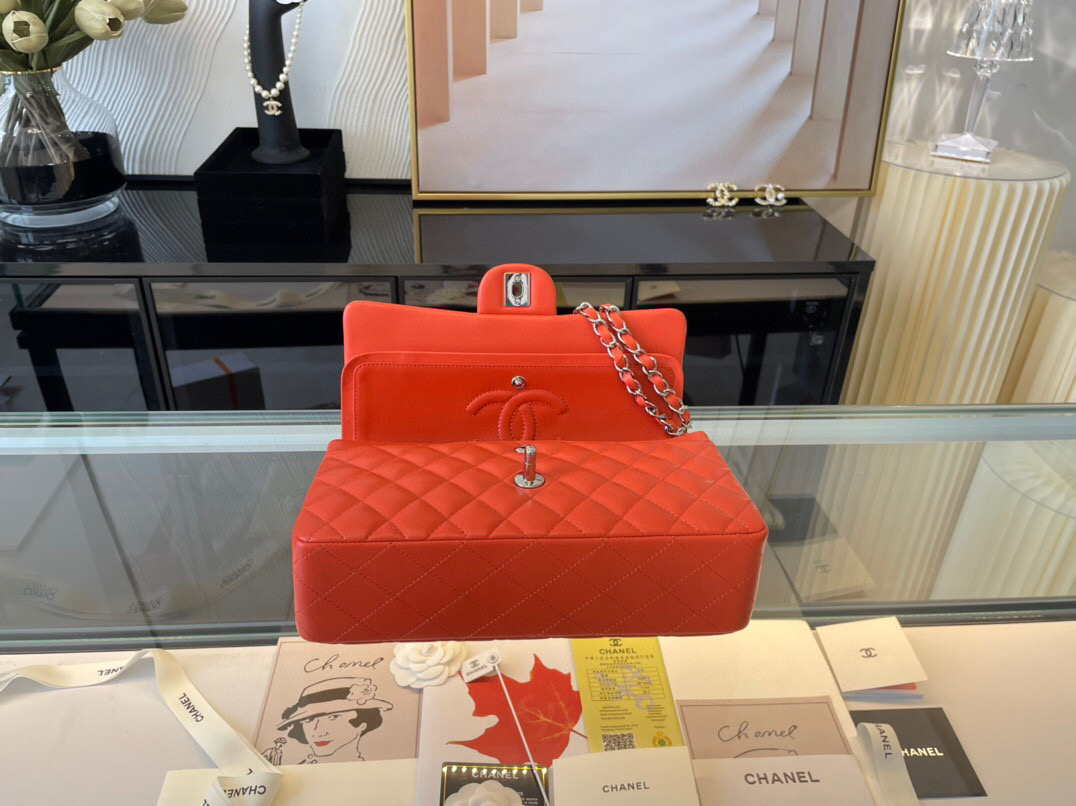 Ch**el classic double flap bag lambskin orange a01112 25.5 cm